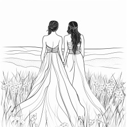 the back of two brides in wedding dresses in a field of flowers