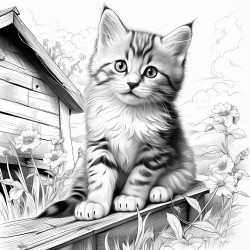 a cute kitten sitting outside her house