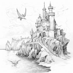 castle on a rocky hill over the water with a dragon flying out of the water