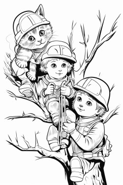 a group of children dressed as french firefighters rescuing a kitten from a tree