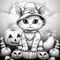 cute halloween scene cat with hat sitting on a big carved pumpkin detailed