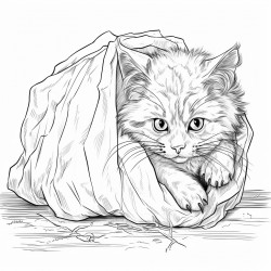 a scruffy stray cat trying to get out of a burlap sack
