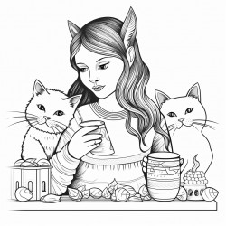 two cats drinking milk and a girl watching them