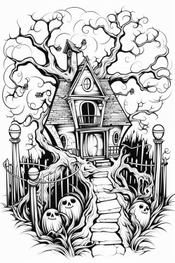 a jar with a haunted house spooky trees gravestones bats a crooked fence