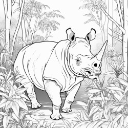 javan rhino standing in a lush forest surrounded by tropical plants and flowers