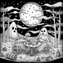 ghosts having a picnic in a moonlit meadow