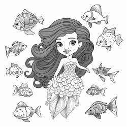 bolt and simpel black and wite coloring page of cute mermaid sarounded by sea creachers and seashells