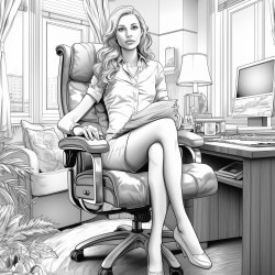 1 elf woman wearing short shorts sitting in office chair in executive apartment facing viewer