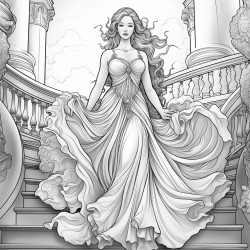 colouring pages beautiful whole body woman with a long flowing dress no shading not many lines large areas for colouring
