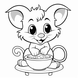 un chat qui voit une souris qui mange une soupe sur une table