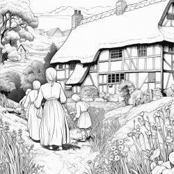 mother with 5 children weeding a garden in an old english countryside next to cobbled cottage with thatched roof