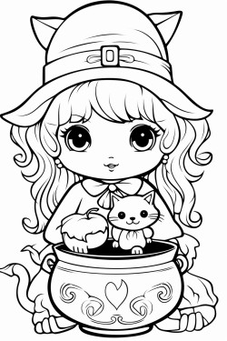 adorable witch with a cat and cauldron