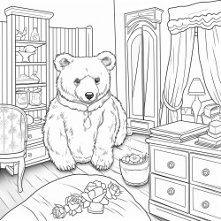 a cute stylised bear cleaning a bedroom drawn with thick bold lines
