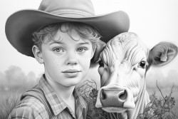 boy showing a cow