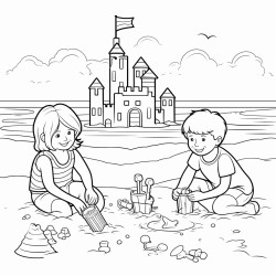 des enfants qui jouent  la plage avec divers jouets et un chateau de sable