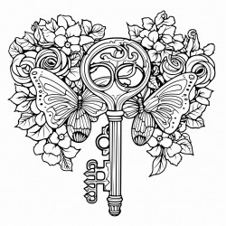 skelton keys with a victorian detailed floral and heart and butterfly  backround