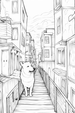 dog run between buildings bw white background