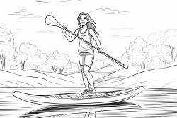 a woman paddle boarding on a river