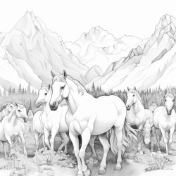 horse herd with foals and all horses in middle moutains in backround