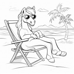 horse on the beach with sunglasses sitting in a chair