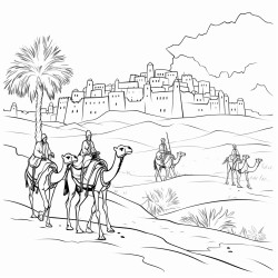 a camel caravan crossing the desert near the city walls