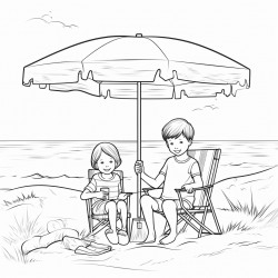 kids at the beach with their supplies by their chair under a umbrella