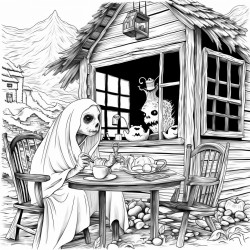 a ghost enjoying tea at a cabin
