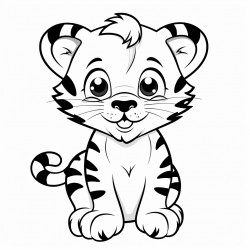 black and bright white whimsical cartoon tiger cub full body on white background