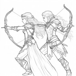 female elf archer with fishtail braid in light armor fighting with male elf in armor holding sword in each hand