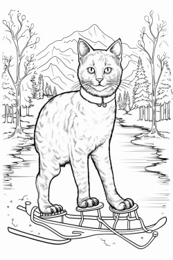 black cat wearing ice skates over a frozen lake in the woods