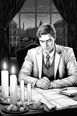 exaggeratedly tired lawyer working at a desk late at night to candlelight