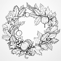 create a blackandwhite coloring page featuring an autumninspired wreath with leaves pumpkins berries and acorns arrange the elements in a loose semicircle format leaving gaps so the wreath does not fully close each item should have clear