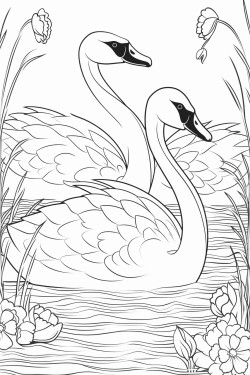2 swan on a lake stylized with plants