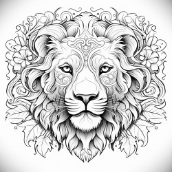 lion face highly detailed black outline mandalas theme floral elements epic illustration masterpiece detailed drawing