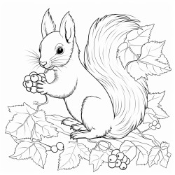 create a blackandwhite coloring page of squirrels gathering nuts the squirrels should have bold outlines some holding or reaching for acorns include simple details like fallen leaves or tree branches but keep the design uncluttered with large spaces