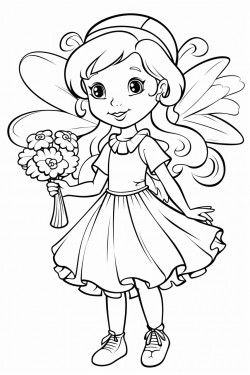 a friendly flower fairy with a large flower in her hand leave enough space between the lines for coloring noshadows