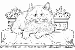 fluffy white spoiled cat with crown on the head and pink diamond ring on left paw lying on a cushion