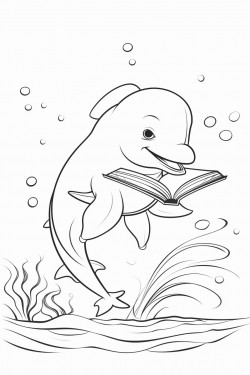 dolphin reading a book at an underwater library