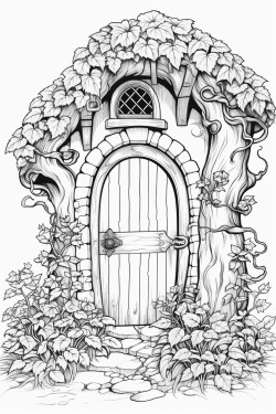 a cute cottage with vines and flowers glass stained window and a cute arched door no animals or people