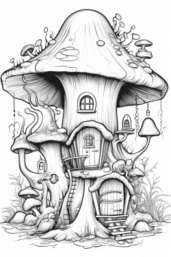 mushroom houses with a beautiful garden with a gnome snoozing in a hammock hanging from two trees in the garden