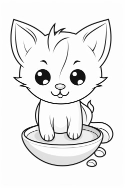 a small cat wit big ears inside a bowl of milk flowing on the floor
