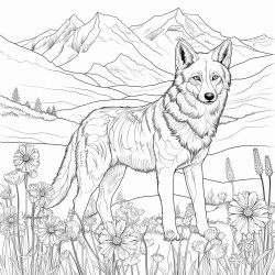 coyote in a meadow with mountains in the backround