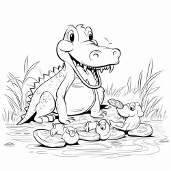 a cartoon alligator feeding ducks