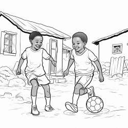 professional sketch drawing of african boy and a girl chlid playing football in a village for a coloring page