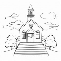 a two story country school house a flag pole to the left and bell tower stairs in center