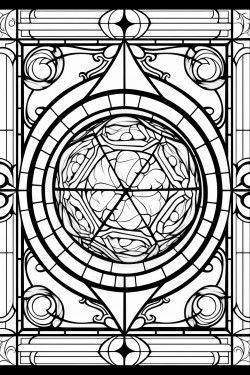 stained glass window with a 20sided dice in the center