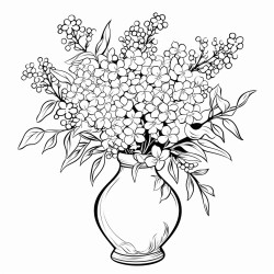 create a blackandwhite coloring page of a lilac bouquet in a vase use bold outlines for the small lilac flowers and a simple elegant vase ensure enough space between flowers leaves and the vase for easy coloring the overall design should have clear sections free of color