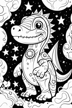 a cute dinosaur in space with a psychedelic design style