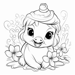cute baby duck with a cosmo flower on his head clear lines