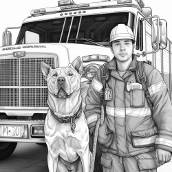 firefighter and dalmatian dog standing in front of fire truck